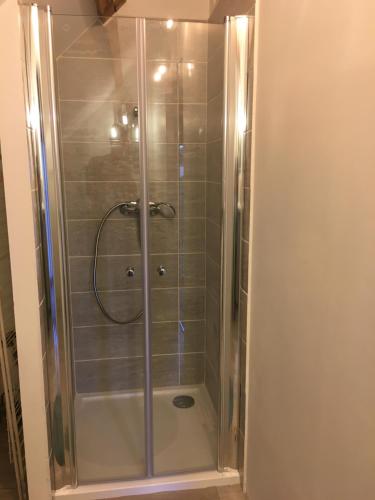 a shower with a glass door in a bathroom at Chez Fred avec vue sur le Château in Angles-sur-lʼAnglin