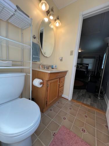 a bathroom with a toilet and a sink and a mirror at Family-sized Contemporary in Spacious Neighbourhood in Annapolis