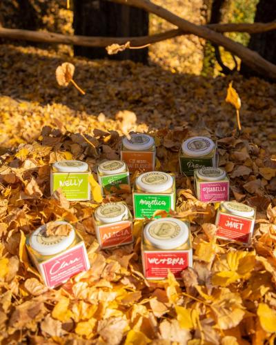 a pile of food in jars sitting on leaves at Arrayan Lake View Mountain Lodge & Casa De Te Arrayan in San Martín de los Andes