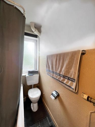 a bathroom with a toilet and a window and a towel at 1 Room Apartment in City of Hannover in Hannover