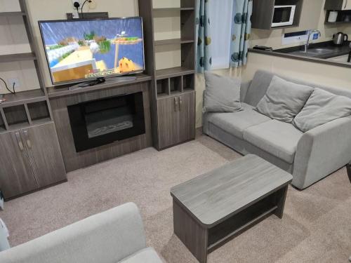 a living room with a couch and a tv at Calm & Cosy (sleeps up to 6) - Oakdene Forest Park in Ferndown