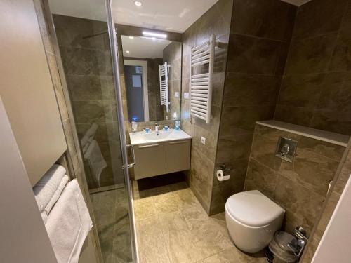 uma casa de banho com um WC, um lavatório e um chuveiro em Paradise Apartments Batumi em Batumi