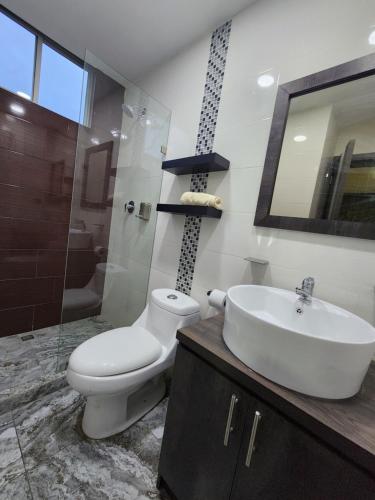 La salle de bains est pourvue de toilettes, d'un lavabo et d'une douche. dans l'établissement Departamento amplio 2 dormitorios, à Cuenca
