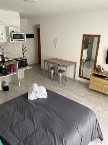 - une chambre avec un lit et 2 serviettes dans l'établissement Hermoso Monoambiente en Rosario, à Rosario