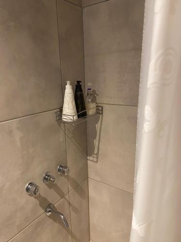a shower with a glass door with bottles on a shelf at Hermoso Monoambiente en Rosario in Rosario