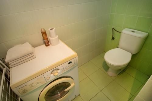 a bathroom with a washing machine and a toilet at Ubytování u Nováků in Malá Morávka