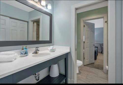 a bathroom with a sink and a mirror and a toilet at King's Creek Plantation in Williamsburg