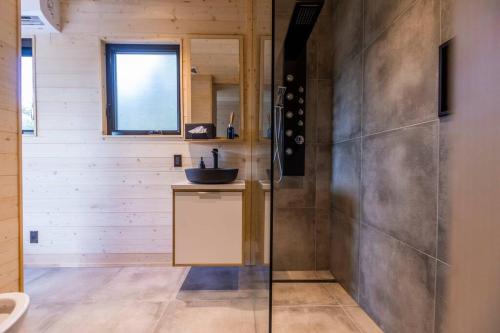 ein Badezimmer mit einem Waschbecken und einem Waschbecken in der Unterkunft Le Nørr - Maelström (CITQ #302901) in Lac-Beauport