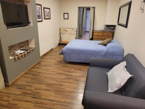 sala de estar con cama y sofá en Monoambiente amplio, Centrico en Santa Rosa