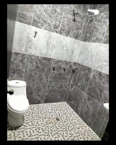 uma casa de banho com um WC e uma parede em azulejo em Los laureles em Tequila