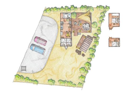 a drawing of a floor plan of a house at サウナ・ジャグジー・完全貸し切りという贅沢　大人の秘密基地　Tiny Cabin TATEGU#02 in Miyota