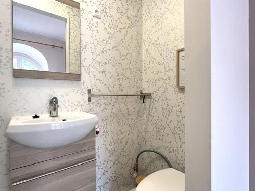 une salle de bain avec un lavabo et un miroir dans l'établissement Le Mont-Dore - Agréable T2 bis avec wifi - FR-1-608-246, à Le Mont-Dore