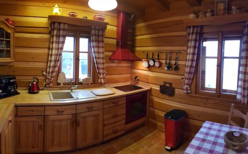 una cocina en una cabaña de madera con fregadero en Holiday home in Jilove u Drzkova 1767 en Jílové u Držkova