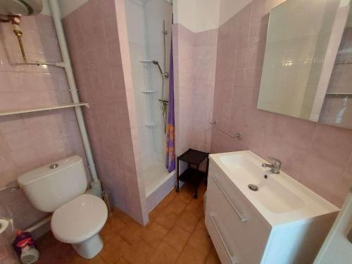 une salle de bain avec des toilettes blanches et un lavabo dans l'établissement Appartement 2 pièces 4 pers avec terrasse, parking privé et accès direct plage à Marseillan - FR-1-326-791, à Marseillan