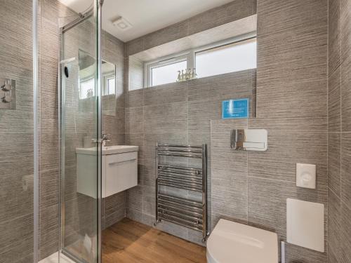 een badkamer met een toilet en een glazen douche bij The Old Haybarn in Longford