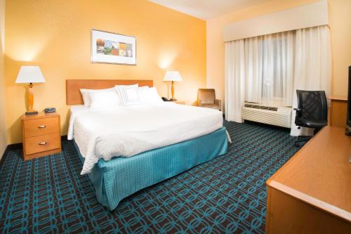 バーリーにあるFairfield Inn & Suites Burleyの大型ベッドとテレビが備わるホテルルームです。