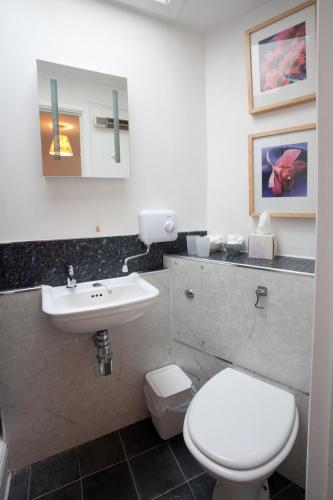 a bathroom with a white toilet and a sink at The Cottage at Weston Lawn in Bath