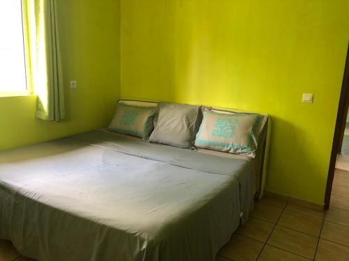 una camera verde con un letto con due cuscini sopra di Maison soleil a Vaihi