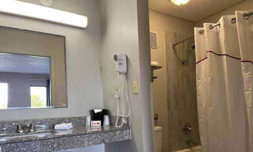 W łazience znajduje się prysznic, umywalka i lustro. w obiekcie Red Roof Inn Kimball, TN I-24 w mieście Kimball