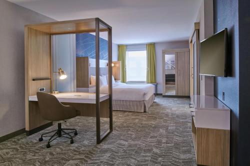 a hotel room with a bed and a desk with a chair at SpringHill Suites by Marriott Detroit Dearborn in Dearborn