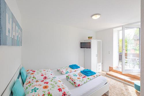 two beds in a white room with a window at Schleiblick Winnemark in Winnemark
