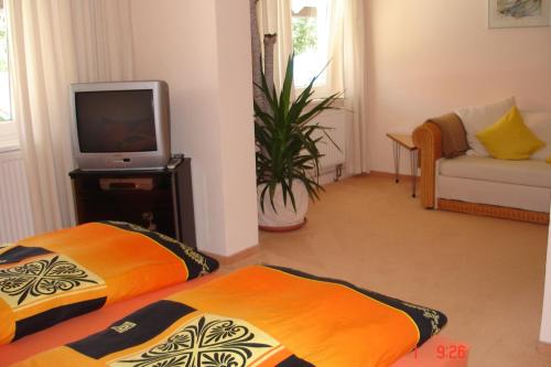 a living room with two beds and a tv at Landhaus Goldenes Kreuz in Leutkirch im Allgäu