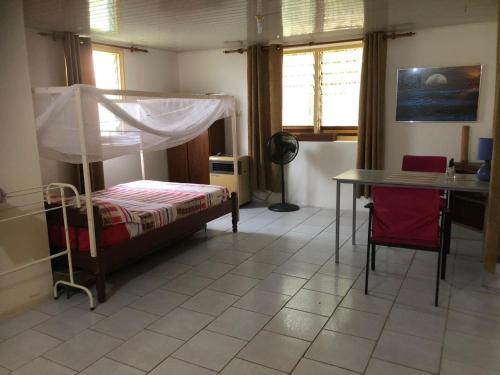 um quarto com uma cama, uma secretária e uma mesa em Unu Pikin Guesthouse em Paramaribo