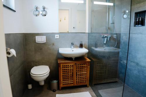a bathroom with a sink and a toilet and a shower at Design Home Office & Central Hideaway - EAH, ZEISS, SCHOTT in 5 min in Jena
