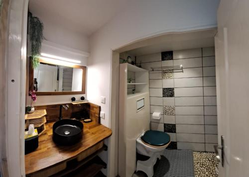 uma casa de banho com um lavatório e um WC. em Blue Dream em Le Diamant