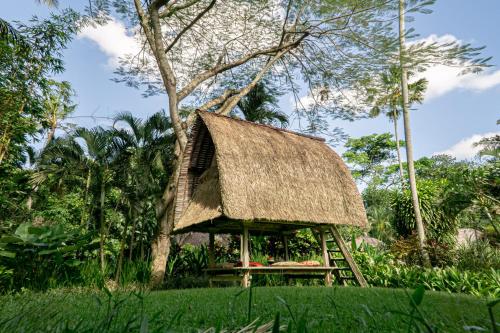 a small hut with a thatched roof in a field at The Lotus Residence by Amerta Experience in Tabanan