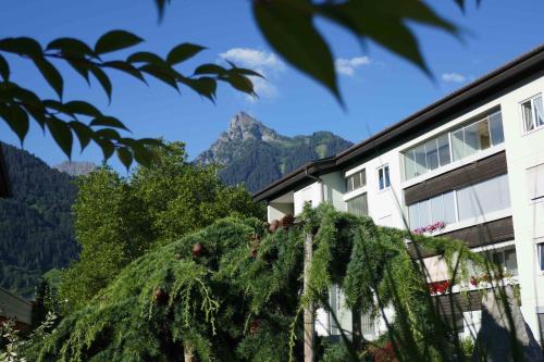 a tree in front of a building with mountains in the background at Apartment Sonnenlicht in Schruns-Tschagguns