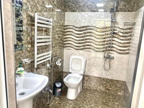 uma casa de banho com um lavatório, um WC e um chuveiro em House in Quba em Quba
