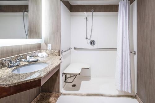 a bathroom with a sink and a shower at Sheraton Indianapolis City Centre Hotel in Indianapolis