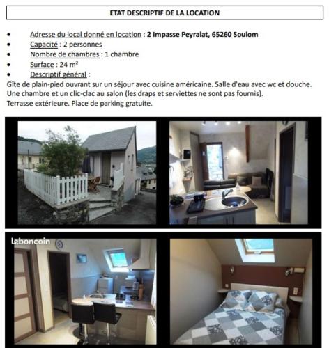 un collage de trois photos d'une chambre et d'un salon dans l'établissement Gite appartement location vacance montagne pyrenees, à Soulom