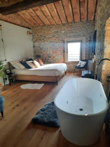a bathroom with a bath tub and a bed at diVO Little Boutique Home in Montemassi