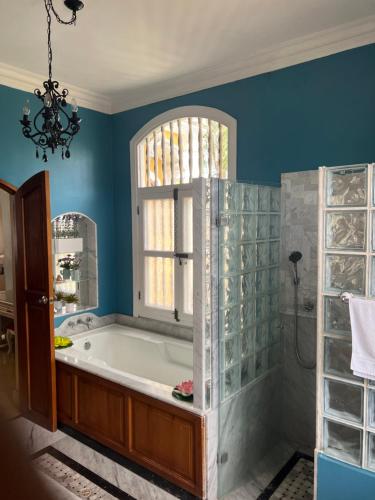 a bathroom with a bath tub and a window at Hotel Boutique Castillo Ines Maria in Cartagena de Indias