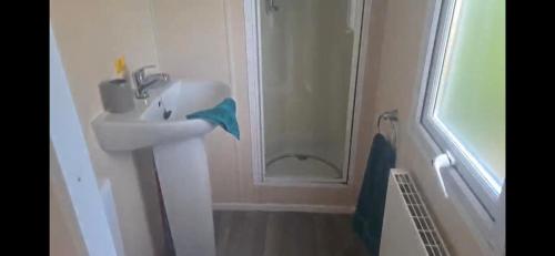 uma casa de banho com um lavatório e um chuveiro em 192 Rickardos Holiday Lets 3 Bedroom caravan near Mablethorpe em Saltfleet