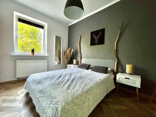 a bedroom with a large bed and a window at Apartament Centrum A in Wejherowo