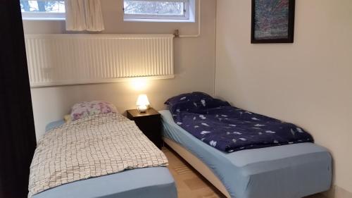 a bedroom with two beds and a lamp on the floor at Spacious 110m2 2BR Basement Retreat, Jacuzzi, Table Tennis & Garden Access in Malmö