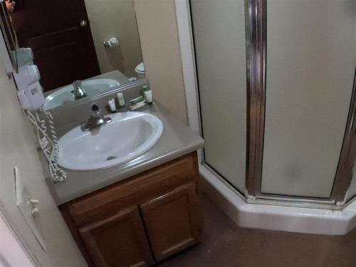 La salle de bains est pourvue d'un lavabo et d'une douche. dans l'établissement Rr-edgewater13, à June Lake