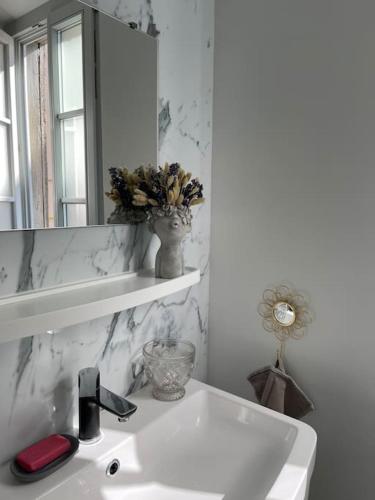 ein weißes Badezimmer mit einem Waschbecken und einem Spiegel in der Unterkunft Le cocon des ducs, appartement centre historique in Nevers