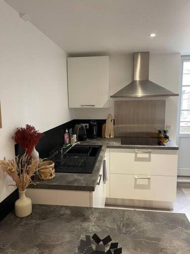 une cuisine avec des armoires blanches et un four à plaques de cuisson dans l'établissement Le cocon des ducs, appartement centre historique, à Nevers