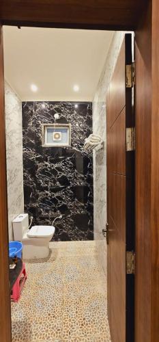 a bathroom with a toilet and a sink and a door at Radha Bihari Nikunj Inn in Vrindāvan