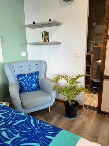 Un dormitorio con una silla azul y una planta en Morning Sun Bungalow en Vaitoare