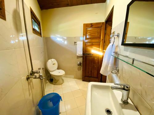 a bathroom with a sink and a toilet and a mirror at Manasau Resort in Hunza