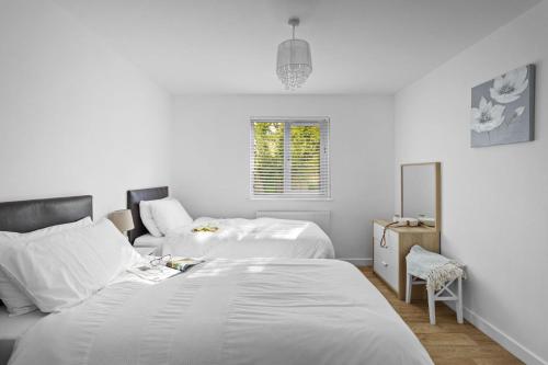 a white bedroom with two beds and a mirror at Kingfisher Lodge, Redlake Farm, Nr Glastonbury in Somerton