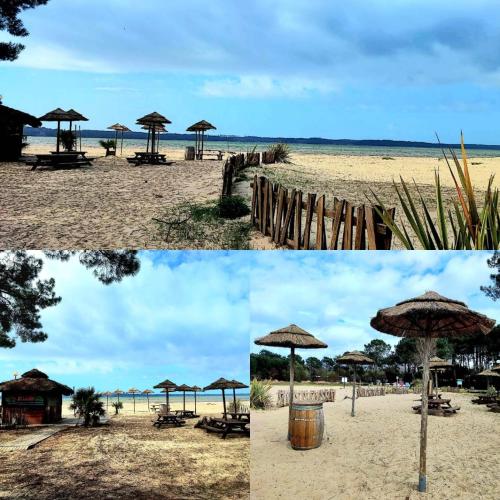 dos fotos de una playa con sombrillas y el océano en Mobil-home, en Biscarrosse