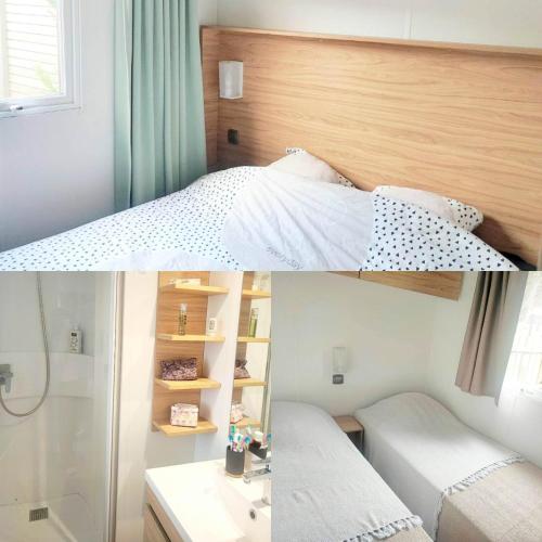 Duas fotografias de um quarto com uma cama e um chuveiro em Mobil-home em Biscarrosse
