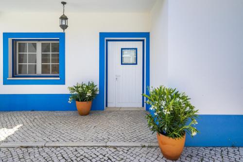 een blauw-wit gebouw met twee planten voor een deur bij Comporta Center Villa in Comporta