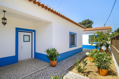 ein weißes und blaues Haus mit Pflanzen davor in der Unterkunft Comporta Center Villa in Comporta